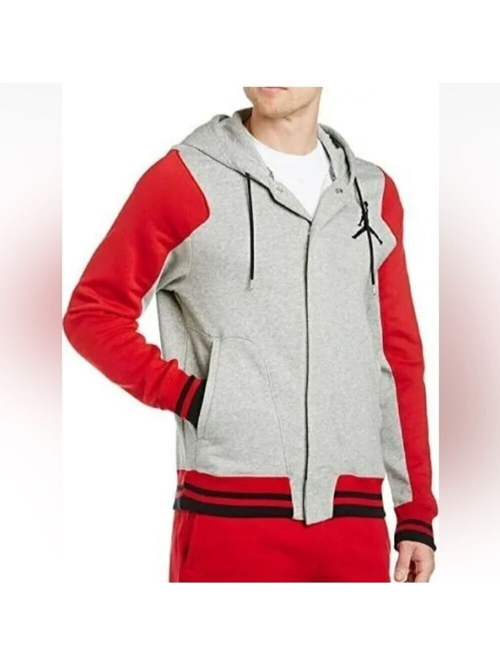 Nike Air Jordan Hoodie Men's Varsity Hoodie Sz Large Grey/Red Snap Front